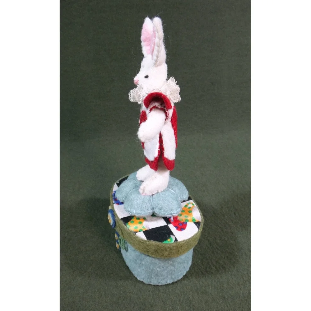 UNUSUAL felt pin cushion White Rabbit trinket box HANDCRAFTED